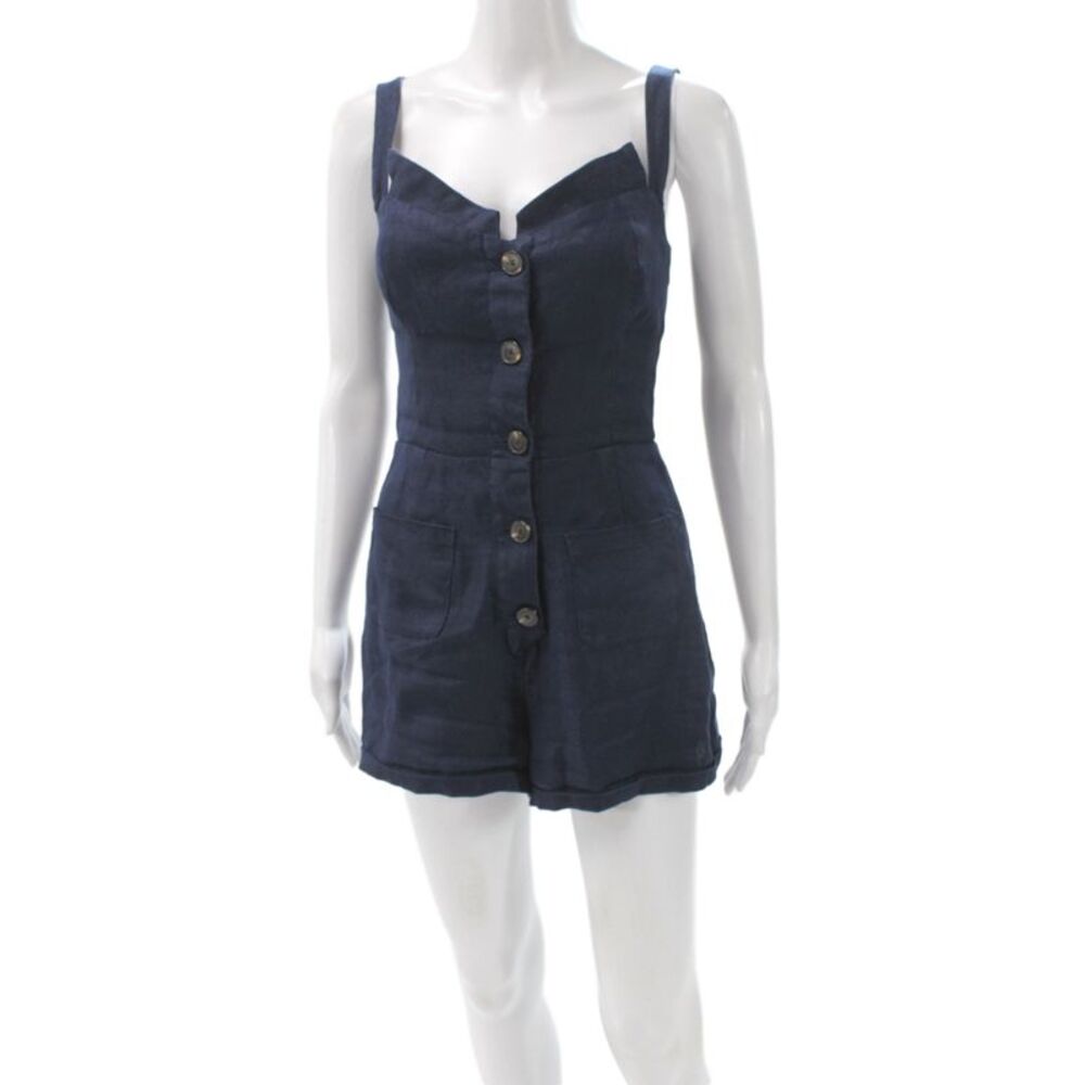Reformation Womens Blue Linen Sweetheart Romper Sleeveless Button Summer Size 2